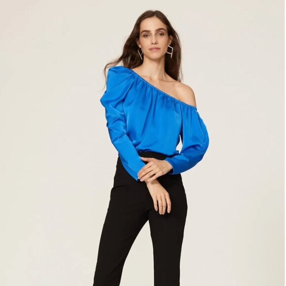 Ramy Brook Illeana One Shoulder Satin Top Asymmetrical Blouse Blue size S - Picture 1 of 11